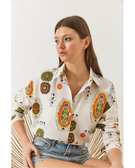 Bianco Lucci Orange Gefaltetes, Gemustertes Leinenhemd Für Damen