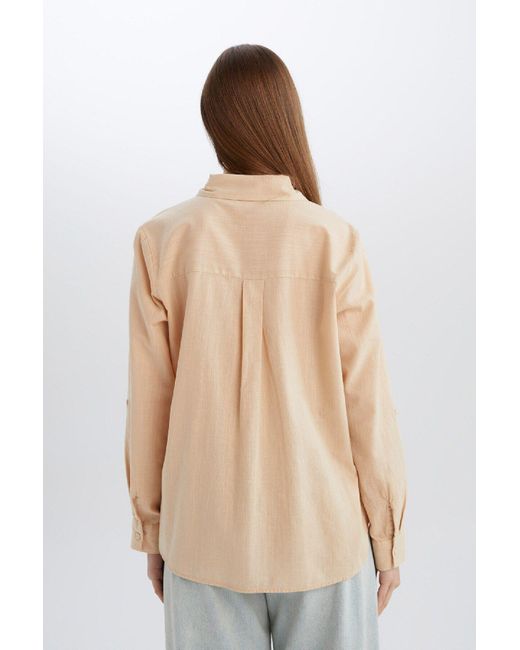 Defacto Natural Basic-Langarmshirt Mit Gerader Tasche Und Normaler Passform Für Damen