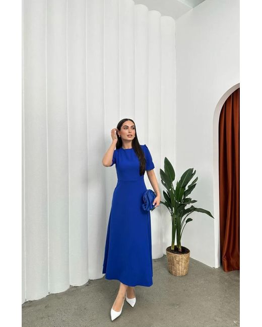 Deafox Blue Saks Blau Importiertes Kreppgewebe Wassermelone Ärmel Zurück Reißverschluss Midi Länge Kleid Für Damen