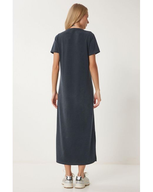 Happiness İstanbul Blue Anthrazitfarbenes Basic-Sommer-Modalkleid Für Damen