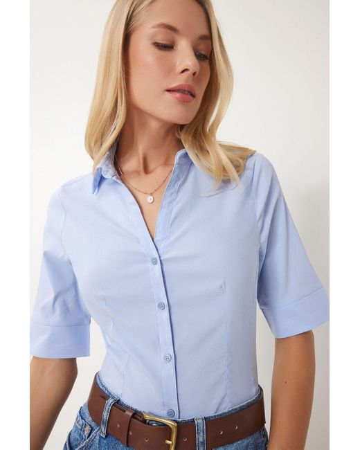 Happiness İstanbul White Himmelblaues Basic-Popeline-Hemd Mit Spitze Für Damen