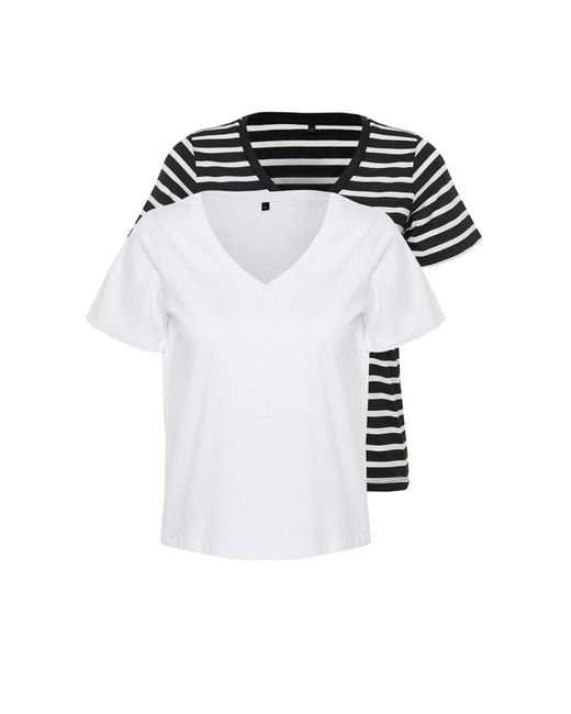 Trendyol Multicolor Schwarz-weißes 2er-pack gestricktes t-shirt aus 100 % baumwolle mit v-ausschnitt