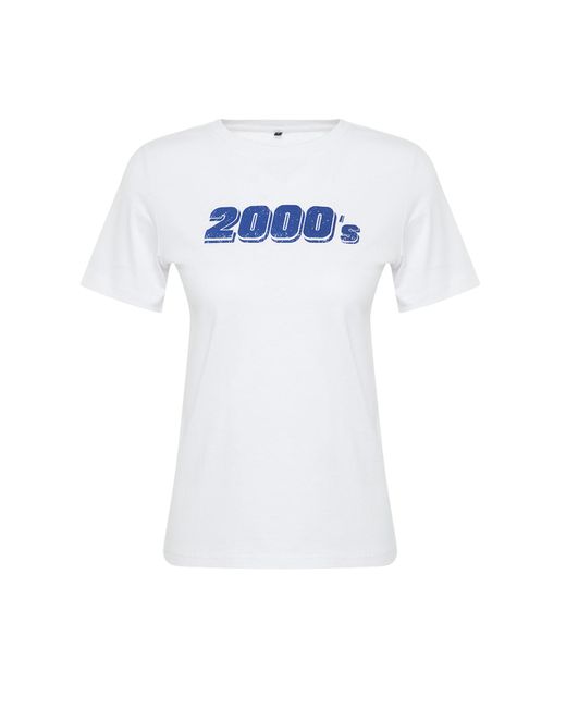 Trendyol White Es bedrucktes strick-t-shirt mit rundhalsausschnitt und normaler passform, 100 % baumwolle,