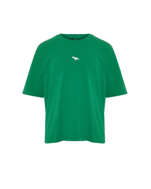 Trendyol Green Es, übergroßes/weit geschnittenes, mit dinosauriern besticktes t-shirt aus 100 % baumwolle - xs