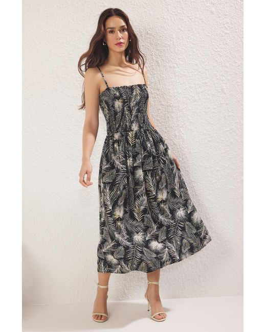 Trendyol Black Schwarzer Tropischer Rock, Gewebtes Midi-Kleid Mit Gips An Der Taille Für Damen