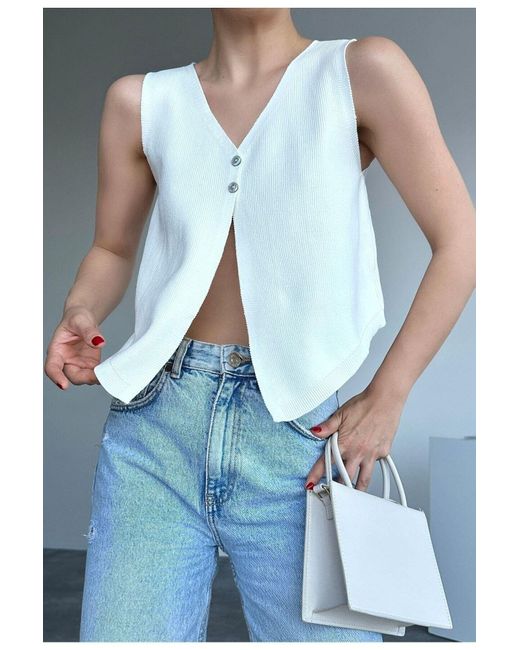 Laluvia Blue Cremefarbener Pullover Mit Doppelknopf-Strickweste Für Damen