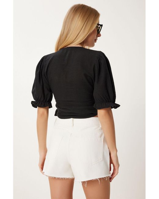 Happiness İstanbul Black Schwarze Bluse Mit Schnürung Und Detailliertem Crop-Leinenmuster Für Damen