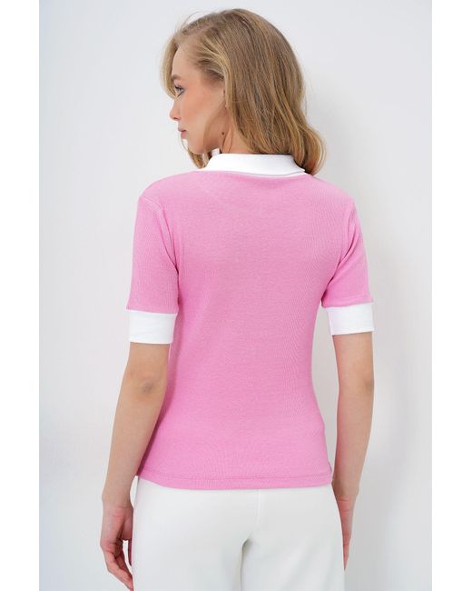 Trend Alaçatı Stili Pink Farbblock-Bluse Mit Polokragen Für Damen