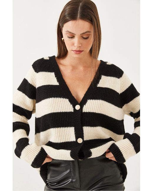 Bianco Lucci Black Gestreifter Strick-Cardigan Mit Drei Knöpfen Für Damen