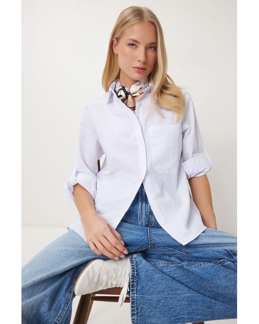 Happiness İstanbul White Weiße Asymmetrische Fiktion Mit Details Für Gewebtes Hemd Für Damen