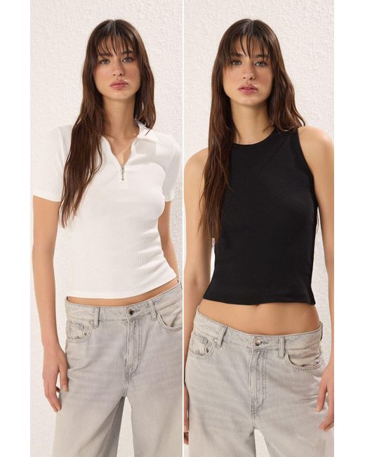 Trendyol Brown Ecru-Schwarz 2Er-Pack Gerippte, Dehnbare, Körperbetonte Strickbluse Für Damen