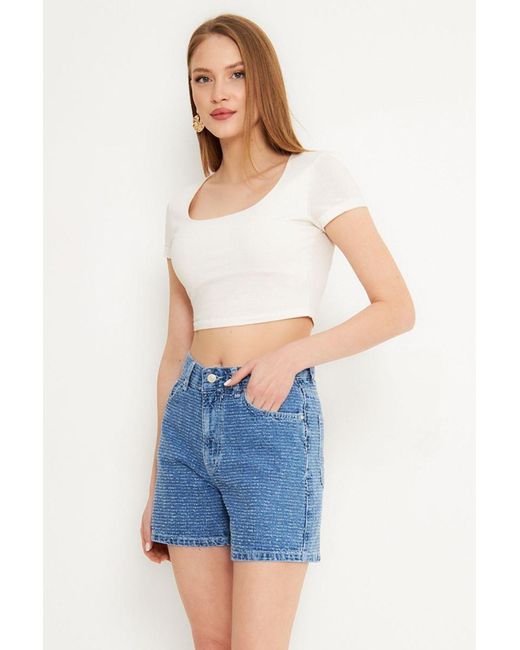 Trendyol Blue Blaue City Boy-Jeansshorts Mit Hoher Taille Für Damen
