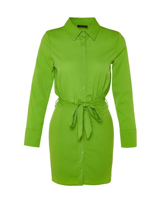 Trendyol Green Helles, gewebtes mini-hemdkleid mit gürtel