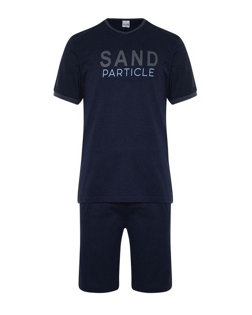 Trendyol Marineblaues pyjama-set mit rundhalsausschnitt und normaler passform und strickshorts in Blue für Herren