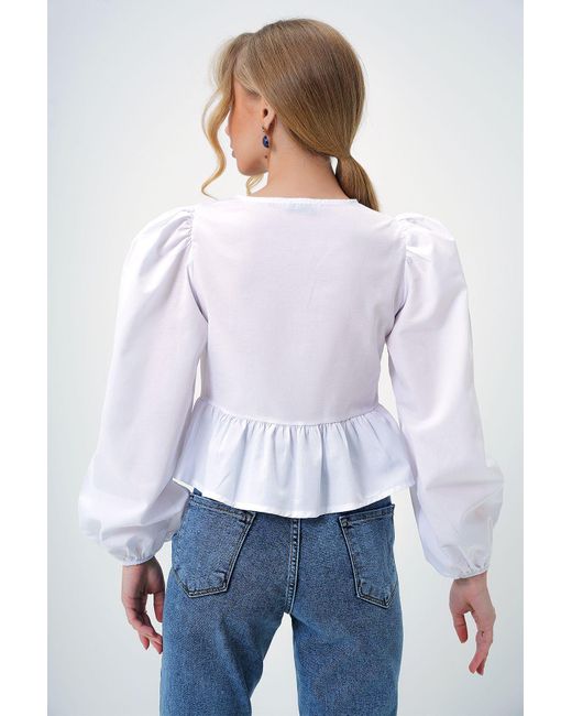 Trend Alaçatı Stili White Weiße Popeline-Bluse Mit Rundhalsausschnitt Und Schleifenschnürung Für Damen