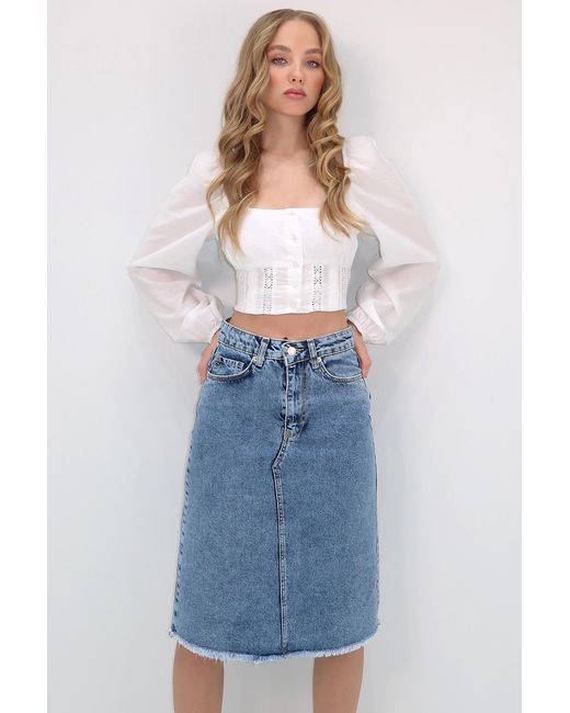 Trend Alaçatı Stili Blue Blauer Midi-Jeansrock Mit Hoher Taille Und 5 Taschen Für Damen