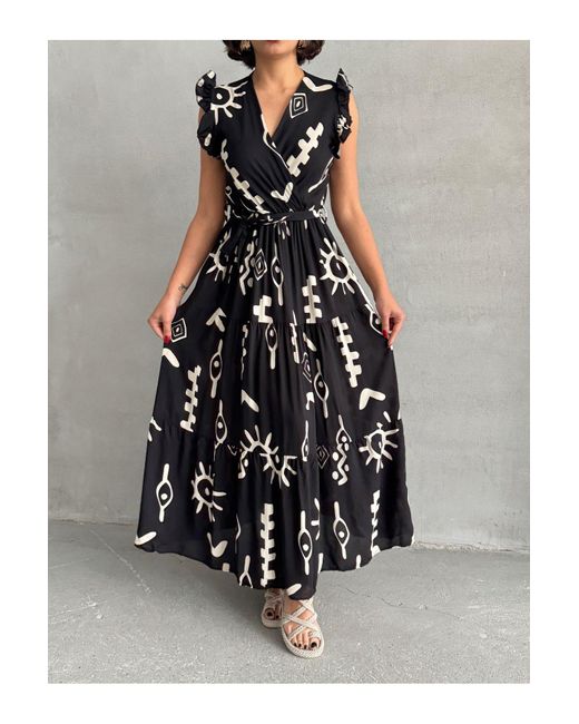 BEJNA Black Schwarzes, Gewebtes Kleid Mit Fliegenärmeln Und Zweireihigem Ausschnitt Für Damen