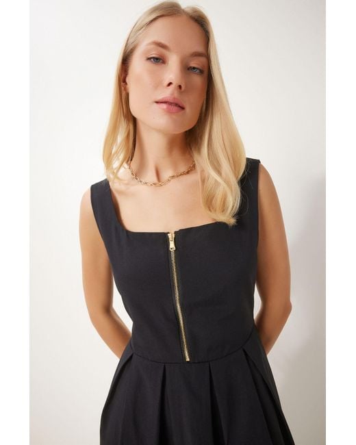 Happiness İstanbul Black Schwarzes Midi-Popeline-Kleid Mit Reißverschluss Für Damen