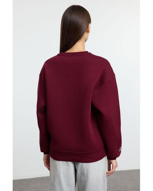 Trendyol Red Burgunderfarbenes, Besticktes, Dickes Strick-Sweatshirt Aus Fleece – Reguläre Passform Für Damen