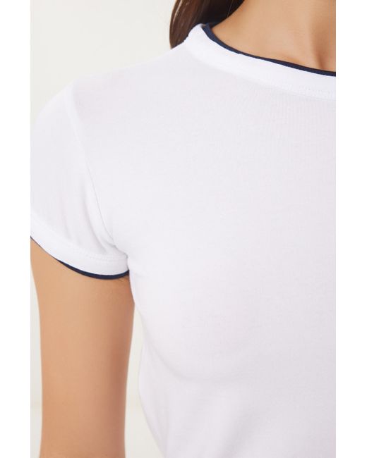 Happiness İstanbul Gray Weißes, Marineblaues, Kontrastfarbenes T-Shirt Für Damen