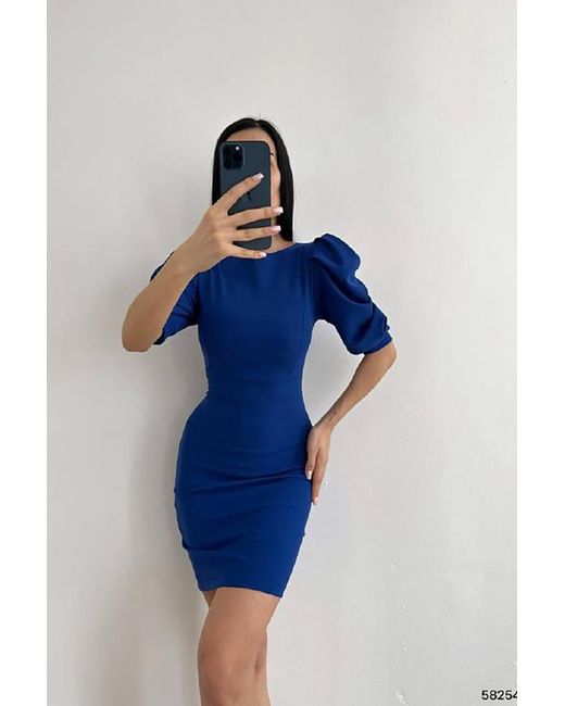 Deafox Blue Saks Back Tief Ausgeschnittenes Kleid Aus Importiertem Kreppstoff Mit Halblangen Ärmeln Für Damen