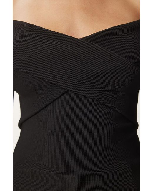 Happiness İstanbul Black Schwarze, Schulterfreie Strickbluse Mit Überkreuztem Kragen Für Damen