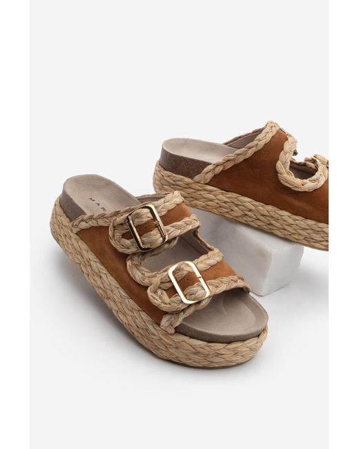 Marjin Brown Hausschuhe Mit Dicker Strohsohle Und Doppeltem Band, Barno Tan Für Damen