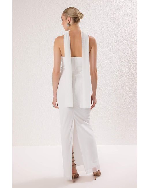 Trendyol White Weißer Schal Tüll Gestricktes Maxi-Abendkleid Für Den Abschlussball Für Damen