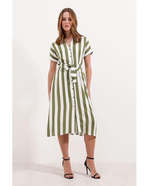Bigdart Green 2456 Gestreiftes Hemdkleid Çağla Für Damen
