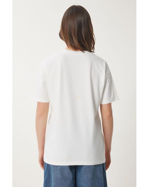Happiness İstanbul Blue Teddybär Besticktes Baumwoll-Oversize-Strick-T-Shirt Für Damen