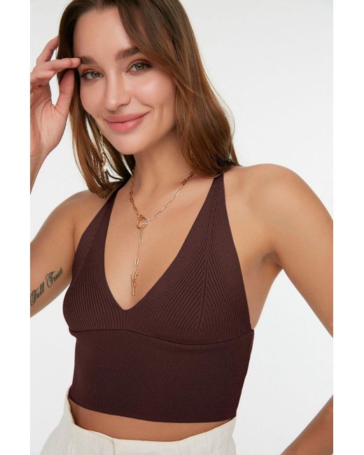 Trendyol Brown Super Crop Back Detaillierte Strickwaren, Dünne Bluse – Für Damen