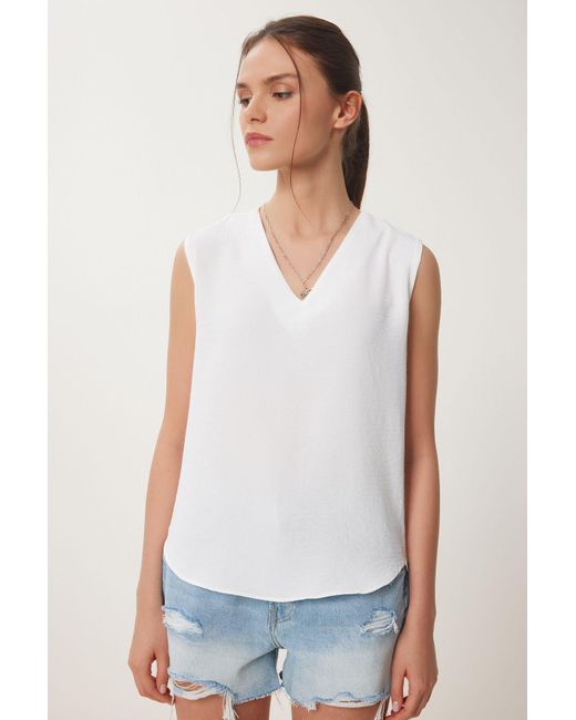 Happiness İstanbul White Ärmellose Ayrobin-Bluse Für Damen