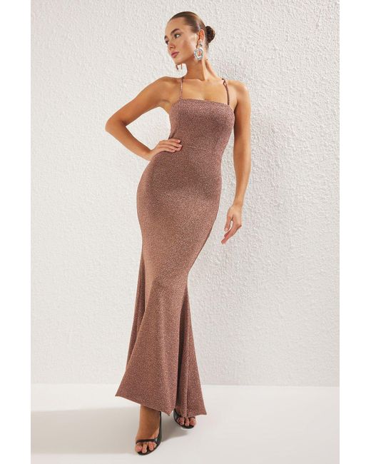 Trendyol Brown Bronzefarbenes Body Suit – Glitzerndes Strickkleid, Langes, Stilvolles Abendkleid Und Nachtkleid Für Damen