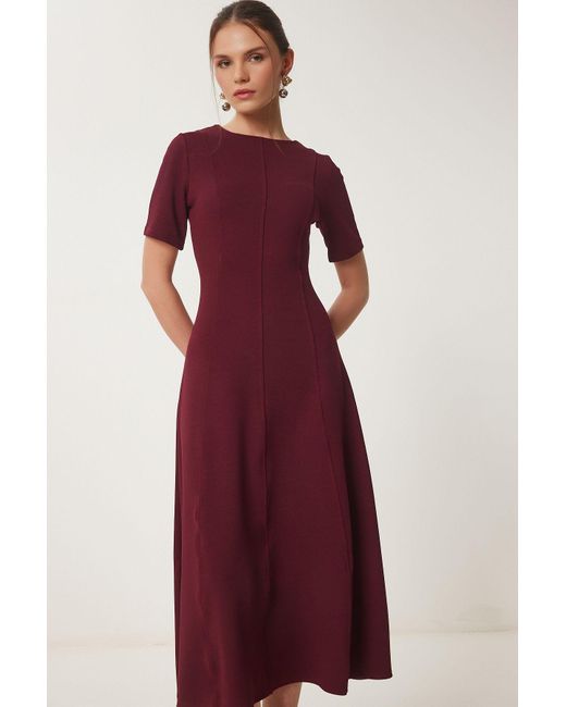 Happiness İstanbul Red Burgunderrotes, Ausgestelltes Midi-Sommer-Strickkleid Für Damen