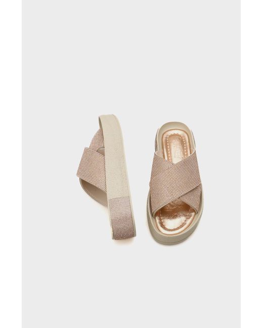 Capone Outfitters Blue Maren Cross Stone Banded Stone Detaillierte Hausschuhe Mit Keilabsatz Für Damen