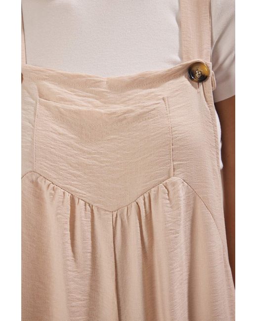 Trendyol Natural Beigefarbener Overall Mit Knopfdetail, Quadratischem Ausschnitt Und Weitem Bein Für Damen
