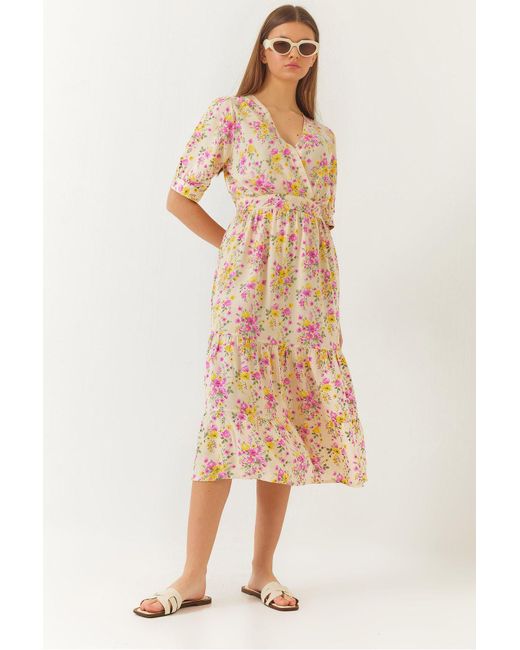 Bianco Lucci Natural Kleid Aus Viskose Mit Zweireihigem Ausschnitt Und Blumenmuster Und Kurzen Ärmeln Für Damen