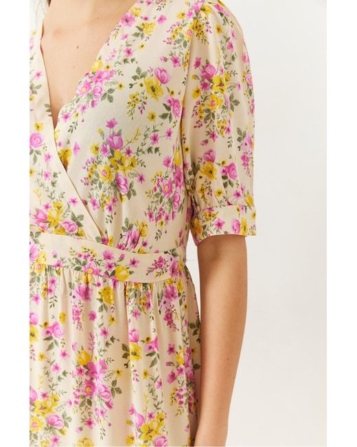 Bianco Lucci Natural Kleid Aus Viskose Mit Zweireihigem Ausschnitt Und Blumenmuster Und Kurzen Ärmeln Für Damen
