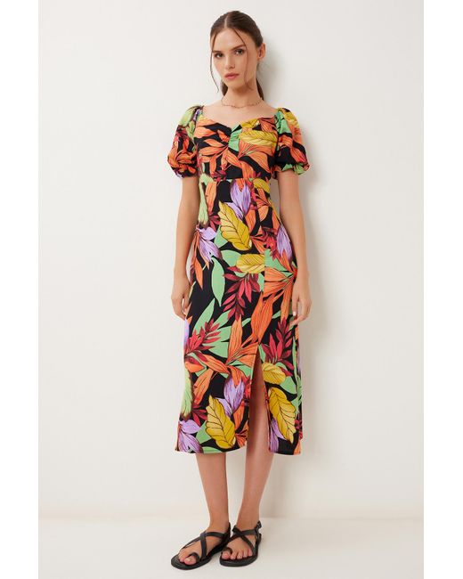 Happiness İstanbul Orangefarbenes, Schwarzes, Gemustertes Sommer-Viskosekleid Für Damen