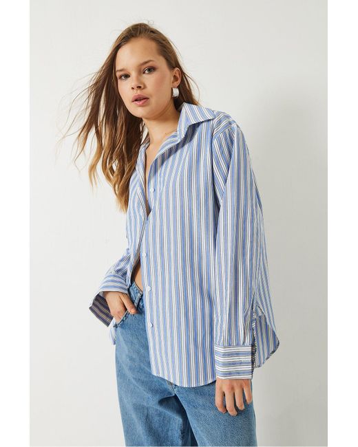 Bianco Lucci Blue Gestreiftes Reguläres Basic-Viskosehemd 4766 Für Damen