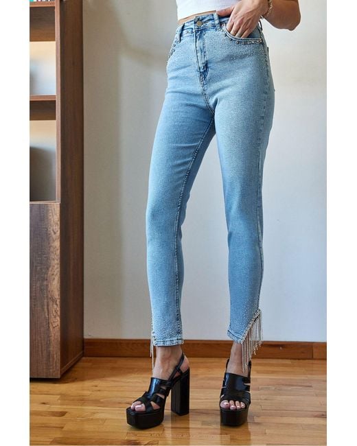 Bianco Lucci Blue Jeanshose Mit Steinen, Beinen Und Taschen 2302 Für Damen