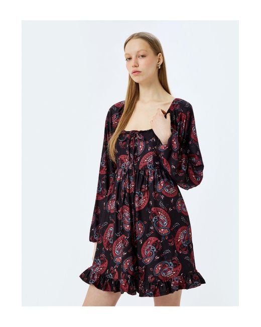 Koton Red Minikleid Mit Schnürkragen Und Langen Ballonärmeln Und Volants Für Damen