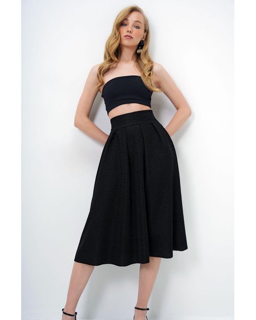 Trend Alaçatı Stili Black Schwarzer Midirock Mit Hoher Taille Und Breitem Gürtel Für Damen