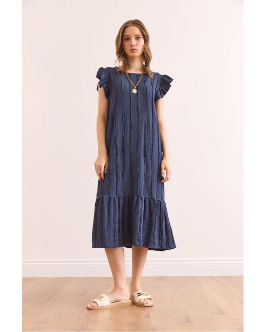 Olalook Blue Ärmelrock Rüschen Strukturiertes Midikleid Elb- 19002364 Für Damen