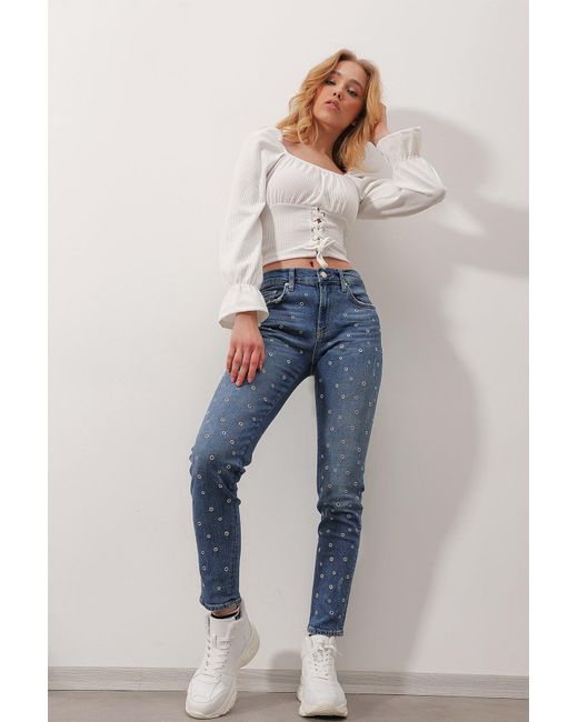 Trend Alaçatı Stili Blue Blaue Skinny Jeans Mit Hoher Taille Und Fünf Taschen Im Vogelaugen-Design Für Damen