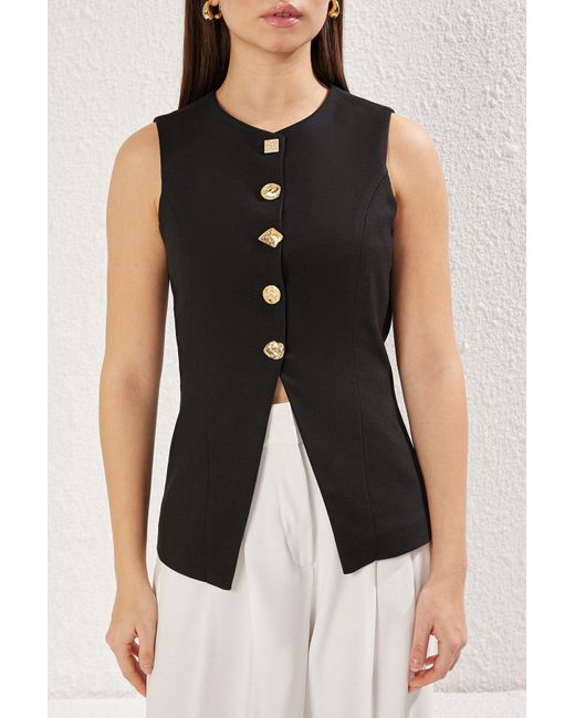 Trendyol Black Schwarze Gewebte Weste Mit Normaler Rundhalsausschnitt Und Knopfdetail Für Damen