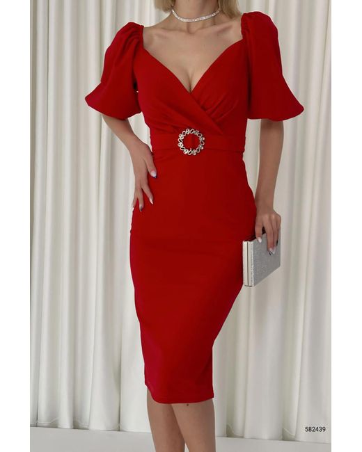 Deafox Red Rotes, Kurzärmliges Kleid Aus Kreppstoff Mit Gürtel Für Damen