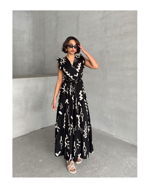 BEJNA Black Schwarzes, Gewebtes Kleid Mit Fliegenärmeln Und Zweireihigem Ausschnitt Für Damen