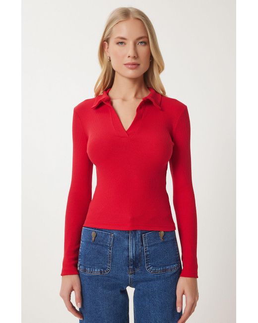 Happiness İstanbul Red Rote Zweiteilige Gerippte Strickbluse Mit Polokragen Für Damen