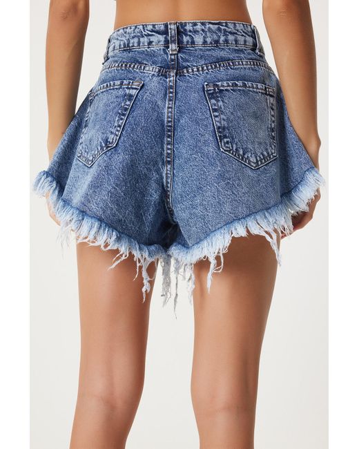 Happiness İstanbul Blue Dunkelblaue Jeansshorts Mit Hoher Taille Und Quasten – Für Damen